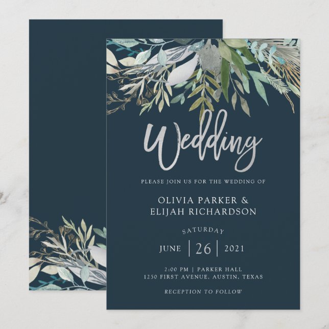 Invitación Moda Foliage | Boda azul oscuro (Anverso / Reverso)