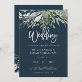 Invitación Moda Foliage | Boda azul oscuro