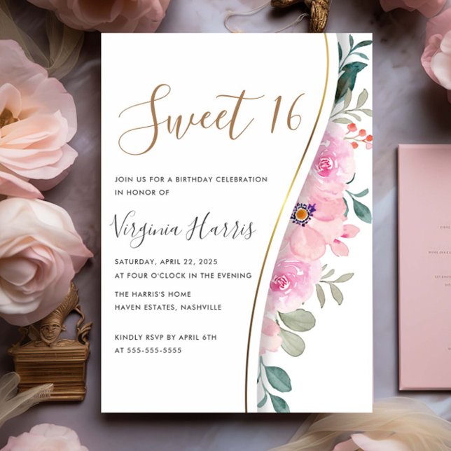 Invitación Moda Foliage Floral Rosa Dulce Dieciséis Cumpleaño (Subido por el creador)