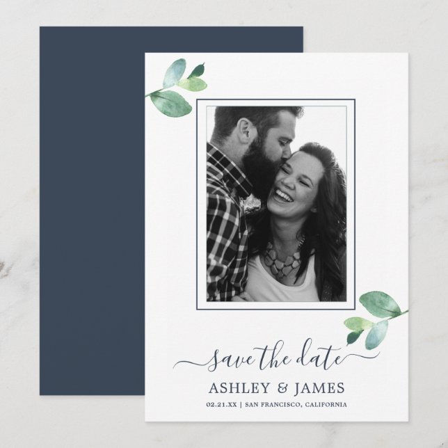 Invitación Moda Foliage Green Dark Blue Photo Save the Date (Anverso / Reverso)