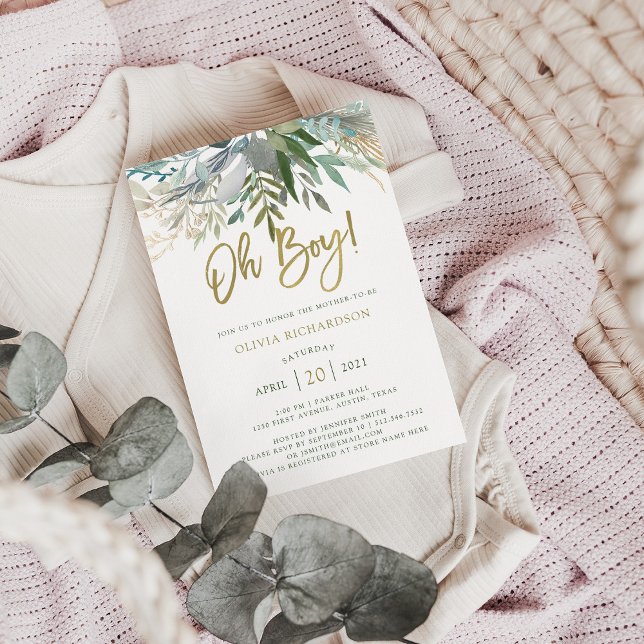 Invitación Moda Foliage | Oh Boy Baby Shower y Gold Script (Subido por el creador)
