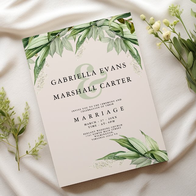 Invitación Moda follaje verde follaje floral ampersor y boda (Chic ivory green foliage floral ampersand wedding)