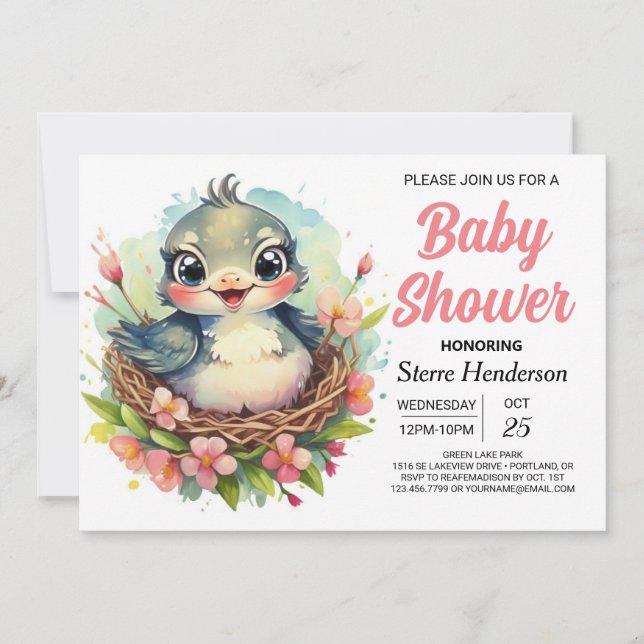 Invitación Moda Forest Girly Bird Baby Shower (Anverso)