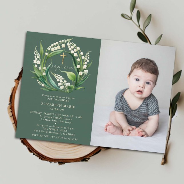 Invitación Moda formal de Lily Valley Green Gold Bautismo fot (baptismal invitation child toddler baby baptism christening lily valley floral wreath elegant classy)
