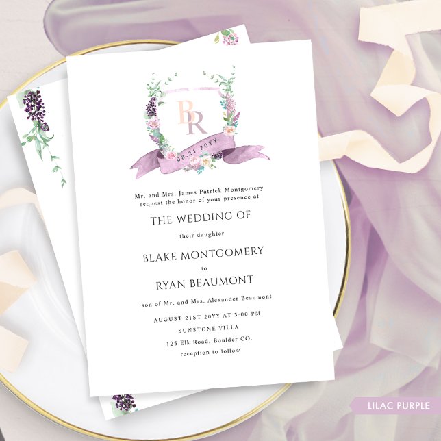 Invitación Moda formal Lilac, Púrpura, Boda monograma Pastel (Subido por el creador)