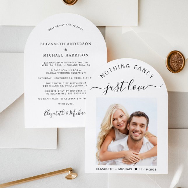 Invitación Moda Foto Arco - Recepción de boda (Celebrate your love story with a chic arch-shaped wedding announcement and reception invitation)