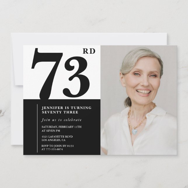 Invitación Moda foto blanca negra 73 cumpleaños (Anverso)