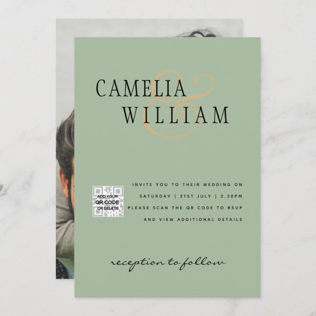 Invitación Moda Foto Boda Invitar Código QR Guardar Fecha Ver (Anverso / Reverso)