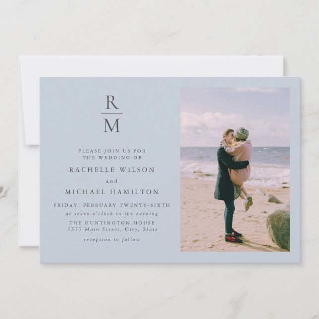 Invitación Moda Foto Boda Monograma blanco azul (Anverso)