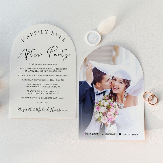 Invitación Moda Foto Cream Arch Wedding Recepcion (An chic Happily Ever After Party arch photo invitation for your wedding reception)