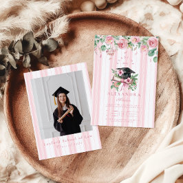 Invitación Moda Foto Graduación Floral Rosa