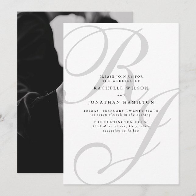 Invitación Moda Foto mínima Boda Monograma blanco negro (Anverso / Reverso)