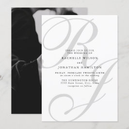 Invitación Moda Foto mínima Boda Monograma blanco negro