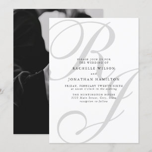 Invitación Moda Foto mínima Boda Monograma blanco negro