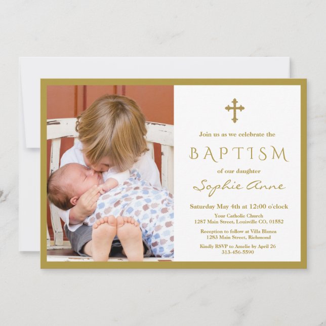 Invitación Moda Foto Niño Baptismo de la Cruz de Oro (Anverso)