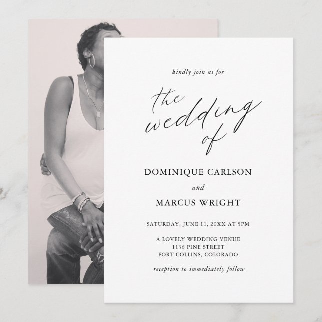 Invitación Moda fotográfica moderna caligrafía matrimonio ele (Anverso / Reverso)