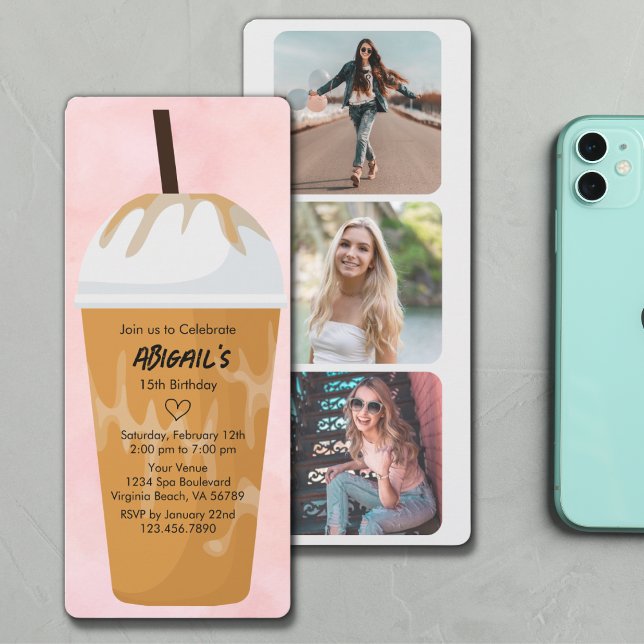 Invitación Moda fotográfica Rubor Pink Iced Coffee Cumpleaños (Subido por el creador)