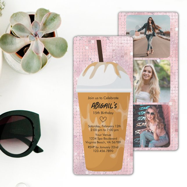 Invitación Moda fotográfica "Trendy" Glam Café con hielo rosa (Subido por el creador)