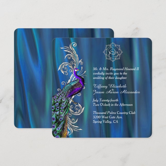 Invitación Moda Ganesha 3 Boda de satén azul y pavo real  (Anverso / Reverso)