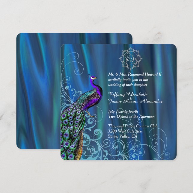 Invitación Moda Ganesha Blue Satin y Peacock Boda  (Anverso / Reverso)