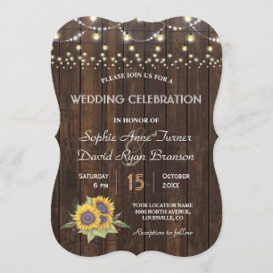 Invitación Moda girasoles cadena luces Boda de madera antigua