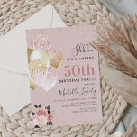 Invitación Moda Girly 50.ª fiesta de cumpleaños sorpresa<br><div class="desc">Invitación a la fiesta de cumpleaños sorpresa para chicas de color rosa y dorado,  con un montón de globos muy destellantes,  flores rosas rubias y falsos confeti de corazón dorado. La elegante plantilla de cumpleaños que es fácil de personalizar,  haciendo que esta invitación sea perfecta para cualquier edad.</div>