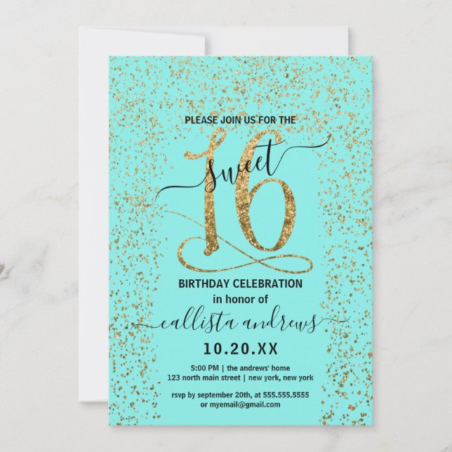 Invitación Moda Girly Aqua Gold Confetti Border Sweet 16 (Anverso)