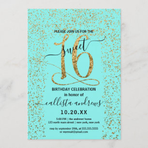 Invitación Moda Girly Aqua Gold Confetti Border Sweet 16