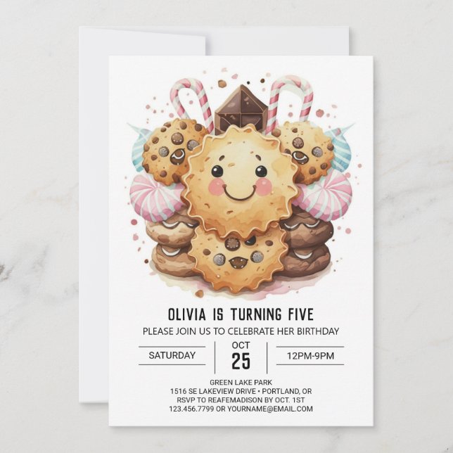 Invitación Moda Girly Candyland Cookies Cumpleaños (Anverso)