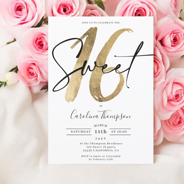 Invitación Moda Girly guión de borde dorado foto Sweet 16 (Girly chic gold border script photo Sweet 16 Invitation)