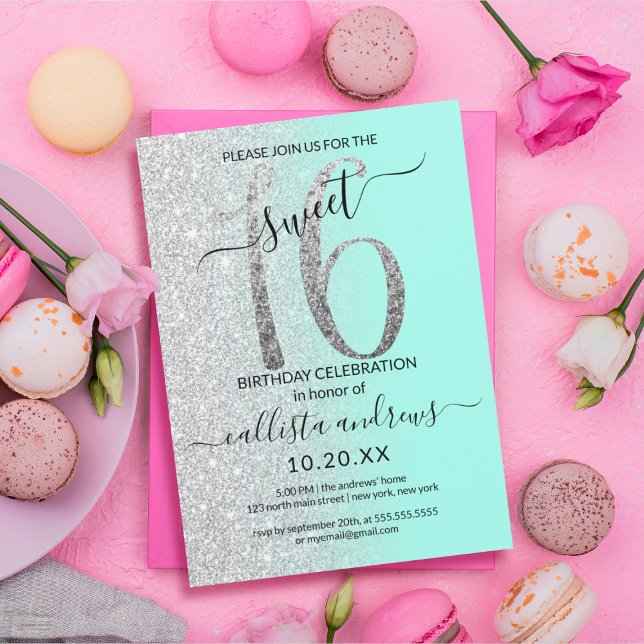 Invitación Moda Girly Purpurina Plata Mint Ombre Sweet 16 (Subido por el creador)