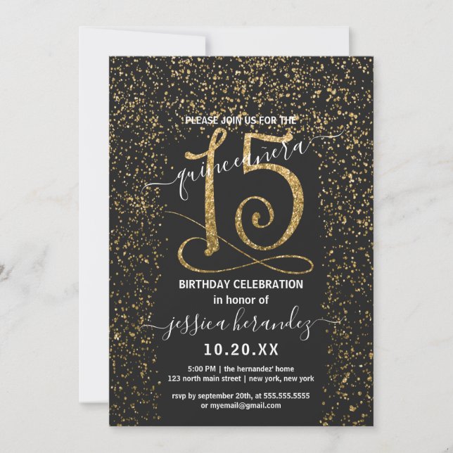 Invitación Moda Girona Black Gold Confetti Border Quinceañera (Anverso)