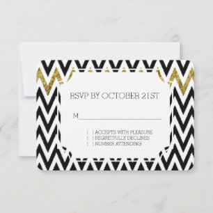Invitación Moda Glam de Oro y Chevron Negro RSVP