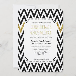 Invitación Moda Glam Gold y Boda Chevron Negro