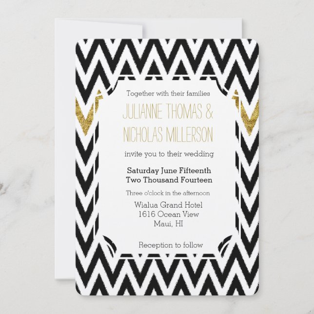 Invitación Moda Glam Gold y Boda de Chevron Negro (Anverso)