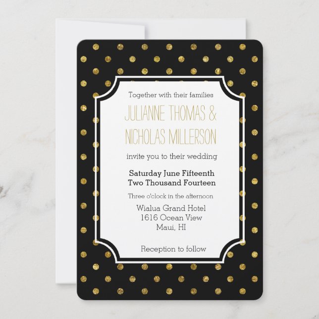 Invitación Moda Glam Gold y Boda de puntos negros (Anverso)