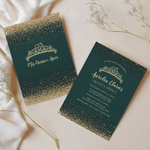 Invitación Moda Glam Green Gold Purpurina Tiara Quinceanera