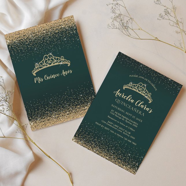 Invitación Moda Glam Green Gold Purpurina Tiara Quinceanera (Subido por el creador)
