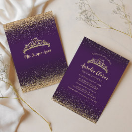 Invitación Moda Glam Purple Gold Purpurina Tiara Quinceanera