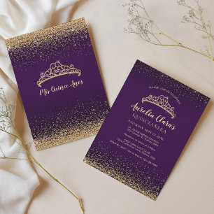 Invitación Moda Glam Purple Gold Purpurina Tiara Quinceanera