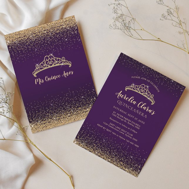 Invitación Moda Glam Purple Gold Purpurina Tiara Quinceanera (Subido por el creador)