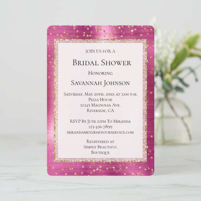 Invitación Moda Glam Rosa Dorado Sparkle Confetti Bridal Show (Anverso de pie)