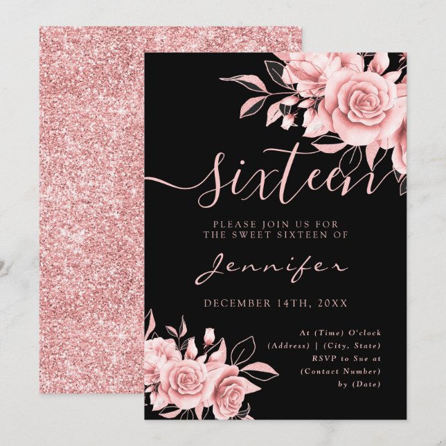 Invitación Moda Glam Rosa Gold Sweet 16 Purpurina Floral Negr (Anverso / Reverso)