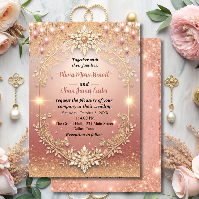 Invitación moda glam rosa oro Purpurina boda de marco dorado (Subido por el creador)