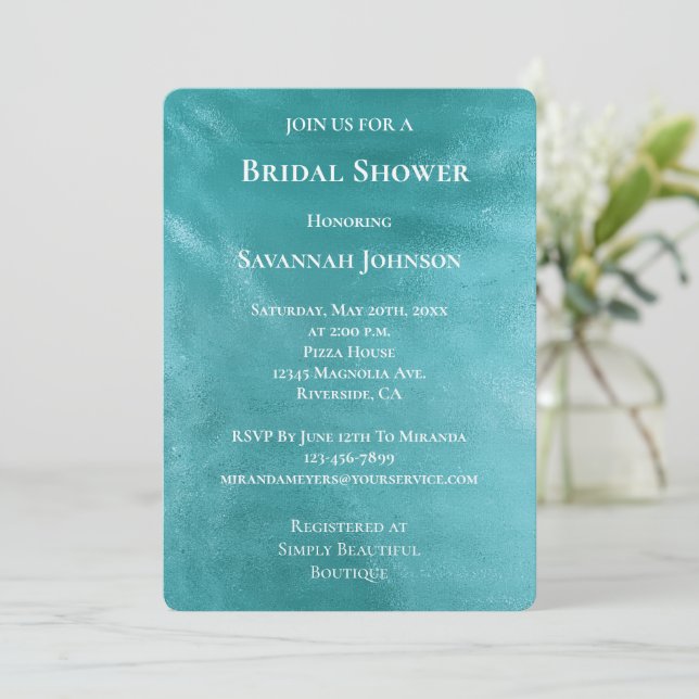 Invitación Moda Glam Turquoise Aqua Blue Bridal Shower (Anverso de pie)