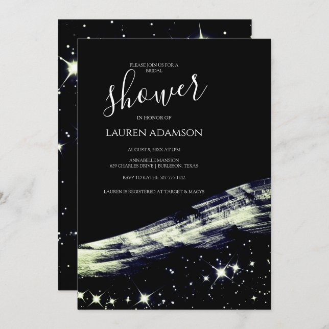 Invitación Moda Glamourous Gold Purpurina Stars Bridal Shower (Anverso / Reverso)