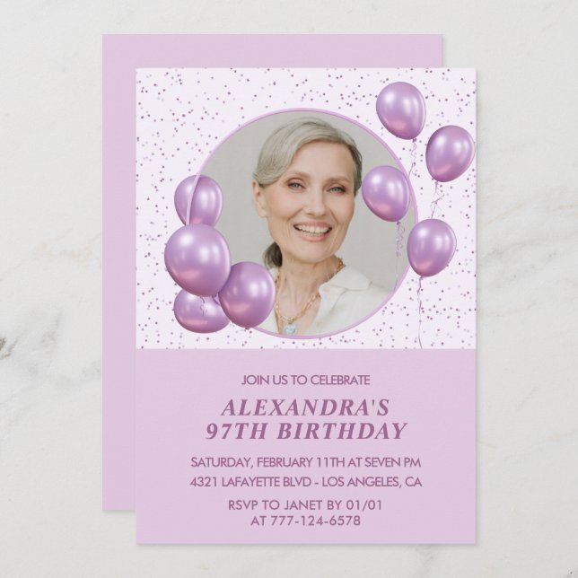 Invitación Moda Globos Púrpura Foto 97 cumpleaños (Anverso / Reverso)