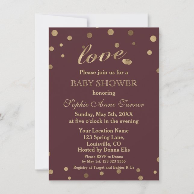 Invitación Moda Gold Confetti Love Burgundy Baby Shower (Anverso)