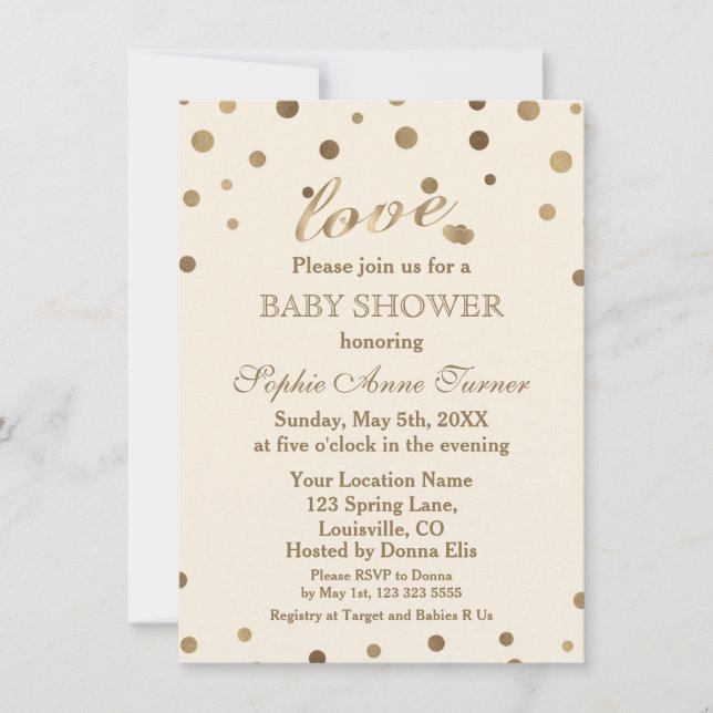 Invitación Moda Gold Confetti Love Champagne Baby Shower (Anverso)