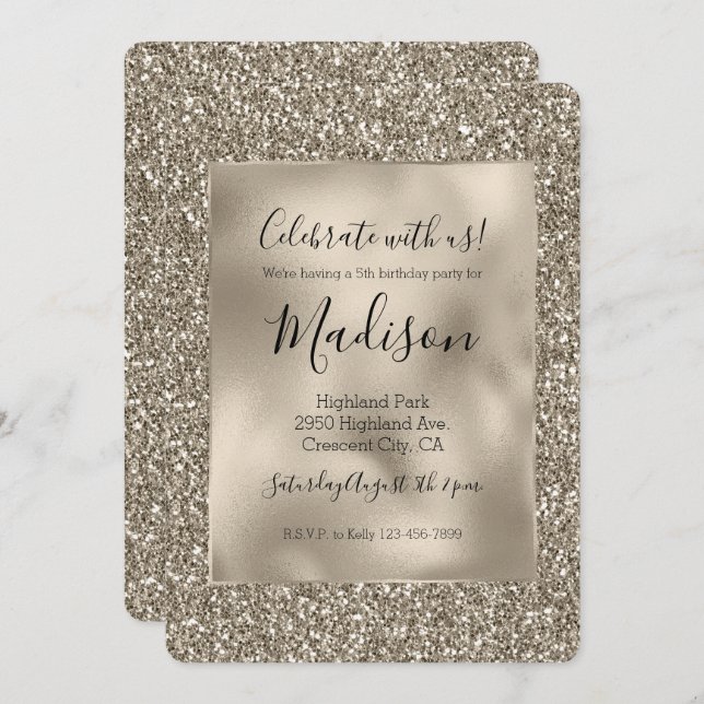 Invitación Moda Gold Glitz Purpurina de Glam con estilo (Anverso / Reverso)